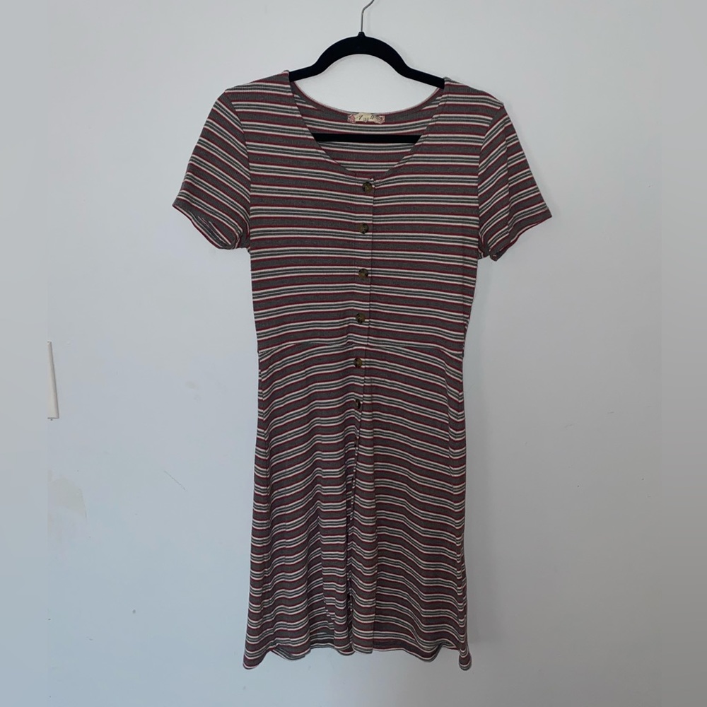 Red And Gray Striped Button Down Dress